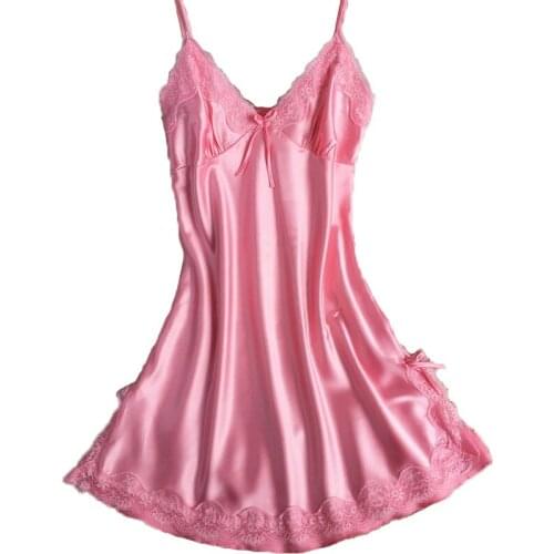 New Arrival womens Sleepwear Free Shipping 2016 Mini Nightgown Indoor Suits Nightdress Silk Satin Lace Bow Cute Pyjamas Hot