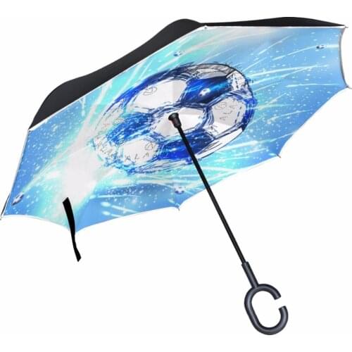 New Design Soccer C-Hook Handle Reverse Umbrellas Double Layer Inverted Windproof Rain Car Umbrella For Men Gift