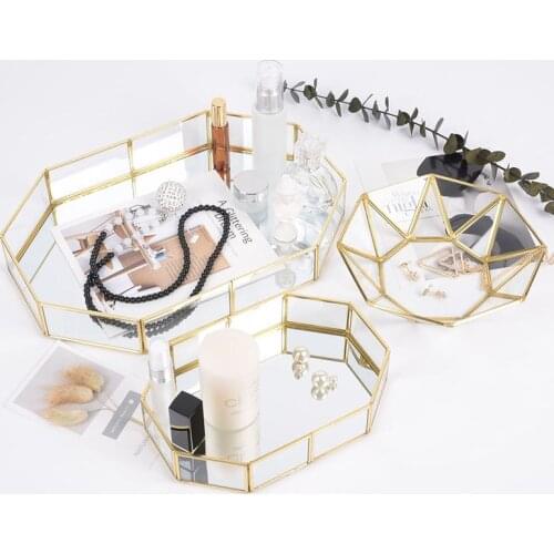 Retro Makeup Cosmetics Jewelry Storage Tray Polygon Glass Dessert Snack Plate Home Kitchen Supplies