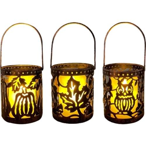 T84E Halloween Hollow Wrought Iron Candle Holder Small Lantern Atmosphere Decoration Party Supplies Candy Basket Multipurpose