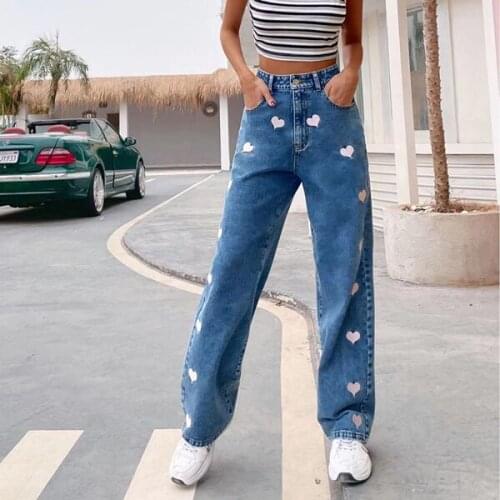 Casual Women Jeans High Waist Straight Wide Leg Loose Denim Pants Ninth Trousers Girl Pink Love Printed Harajuku Streetwear Jean