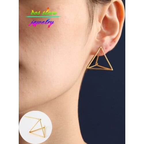 Simple Copper Minimalist 3D Triangular Cube Pyramid Stud Earrings For Women