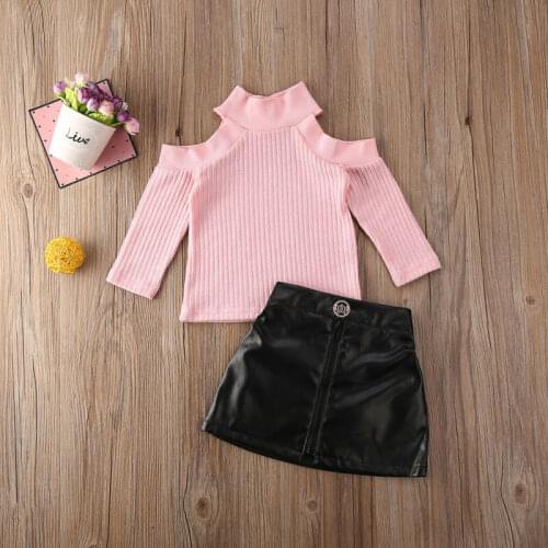 Winter Warm Newborn Baby Girls Kid Off Shoulder Pullover Sweater Top PU Skirt Children Clothing