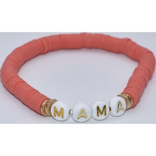 Pink polymer clay spacers brush gold zinc alloy metal disc words BLESSED INSPIRE stretch Bracelet for women