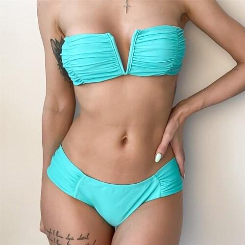 Sexy V Neck Ruched Bikini Bandeau Push Up Red Swimwear Women Swimsuit Thong Bikinis Set Bathing Suit Biquinis Feminino 2021