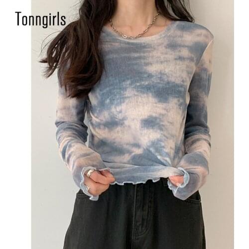 Tonngirls Harajuku Tie Dye Mesh Tops Long Sleeve Korean Style O-neck Tshirt Folds Design T-shirts Women Spring Summer Streetwear
