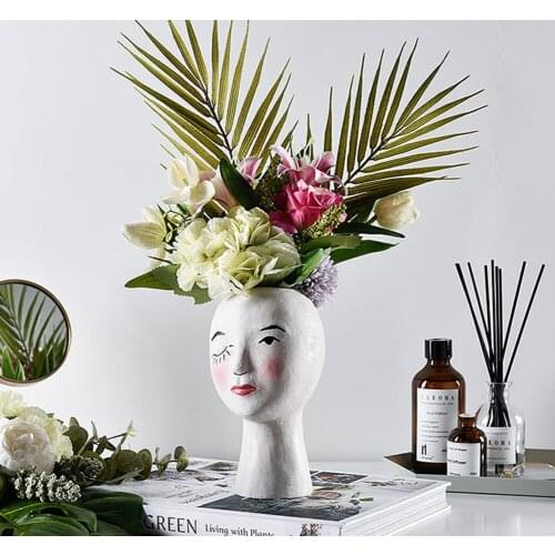 Girl Portrait Vase Resin Desktop Flower Arrangement Container Living Room Hand-painted Portrait Sculpture Flower Pot Home Decor
