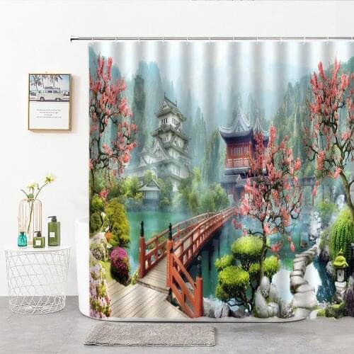 Chinese Garden Landscapes Oil Painting Home Modern Fashion Simplicity Shower Curtain Printing Bathroom Curtain Polyester Decor