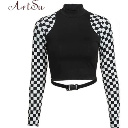 ArtSu Checkerboard Long Sleeve Crop Top Turtleneck Buckle T-shirt Women Harajuku Tee Shirt Plaid Funny T shirt Femme ASTS20632