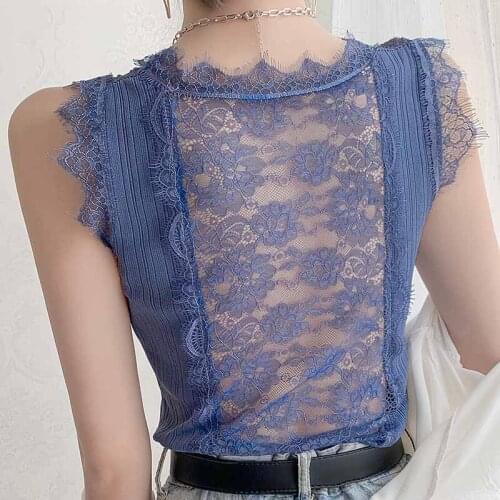 Sexy Sleeveless Ice Silk Lace Blouse Women Vest V Neck Back Hollow Out Knitted Tank Tops Summer Womens Tops Ropa Mujer 13600