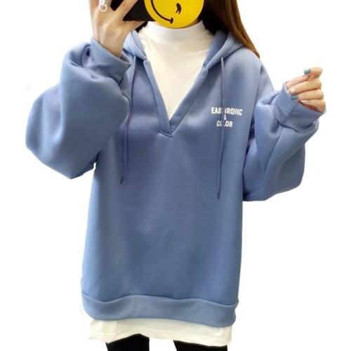 Zuolunouba Winter Korean Women Hoodie Print Letter Smiley Bunny Harajuku Lady Sweatshirt Long Sleeves Loose Female Blue Pullover