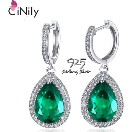CiNily Water Drop Shape Luxury Emerald 925 Sterling Silver Earring for Women Fine Jewelry Engagement Drop Earrings SE035