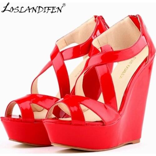 LOSLANDIFEN Women Pumps Patent Platform Peep Toe Wedges High Heel Shoes Wedding SIZE US 5-10