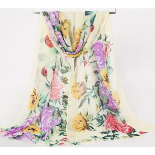 2019 New Summer Sun Lady Fashion Fresh Scarf Rose Print Pattern Chiffon Scarf Joker Turban Necklace hot sale