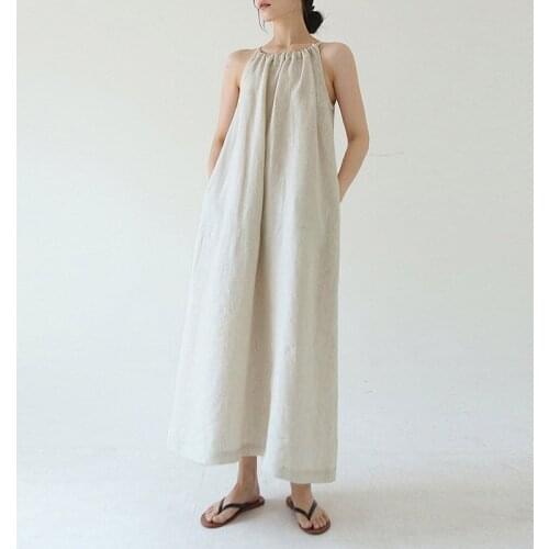 Johnature New Cotton Linen Dresses Women 2021 Summer Halter Sleeveless Sexy Loose Pockets Casual Simple Female Dress