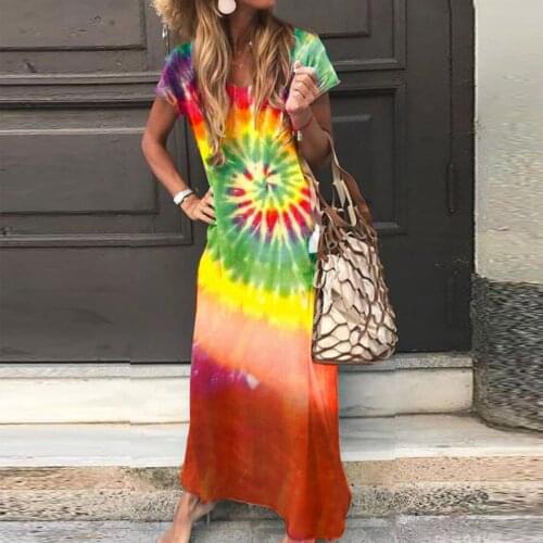 Tie Dye Womens Dresses Harajuku Vintage Printing V-neck Short Sleeve Comfy Leisure Dress Patchwork Summer Dresses Сарафан
