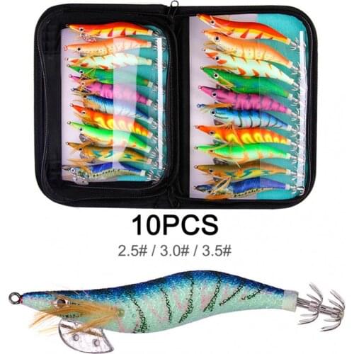 10pcs Squid Bait Hook 2.5# 3.0# 3.5# 12g 14g 19g Wooden Shrimp Jig Fishing Lures Wood Artificial Luminous Jigging Lure with Bag