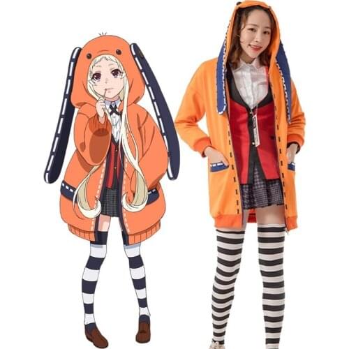 Anime Kakegurui Compulsive Gambler Yomoduki Runa Cosplay Costume Full Set Cute Rabbit Ears Hoodies Girls JK School Uniforms Wig