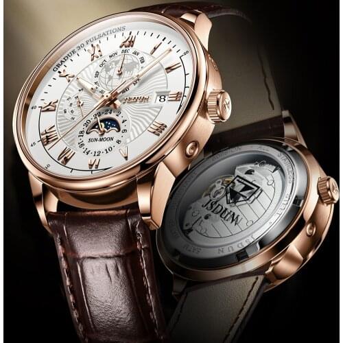 JSDUN Relogio Masculino Automatic Mechanical Mens Watch Waterproof Calendar Moon Phase Leather Watch Otomatik Erkek Saat 8909