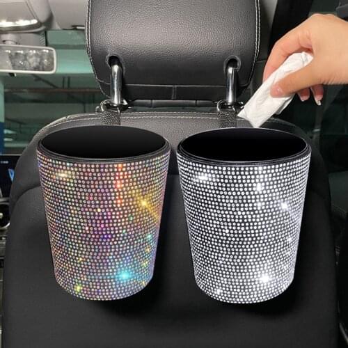 Car Trash Bin Can Mini Auto Dust Organizer Rubbish Bag Crystal Garbage Container Storage Box Bucket Bling Auto Accessories