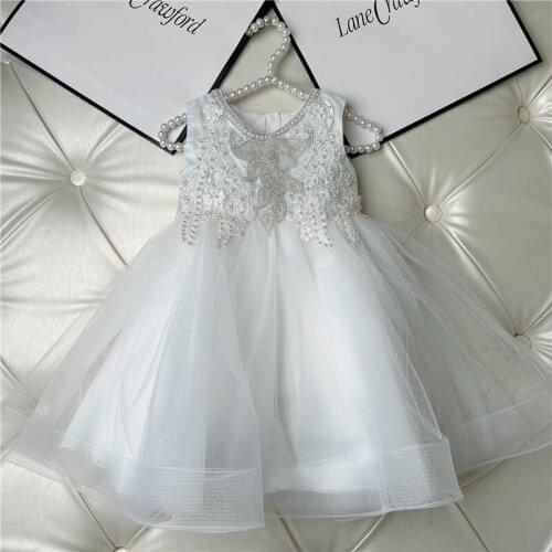 High Quality 2021 New Girls White Birthday Party Pear Floral Dress Toddler Kids Princess Tutu Mesh Dresses Free Shipping