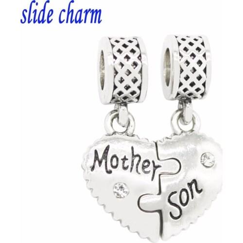 Slide charm Free shipping White Crystal Heart Pendant Mothers son charm beads fit Pandora bracelet