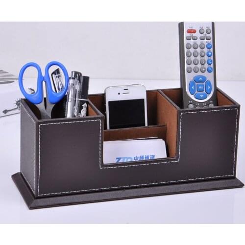 Wooden struction leather surface desk multi-function stationery organizer with double pen pencil holder box case brown202B