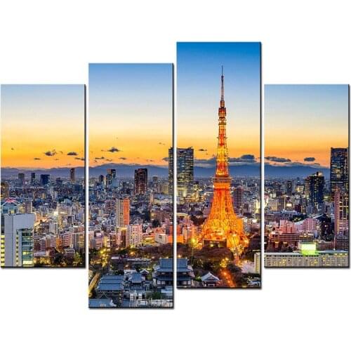 City Landscape Paintings Wall Art Tokyo Japan Skyline at Tokyo Tower in The Dusk 4 Panel Picture Print on Canvas Drop shipping
