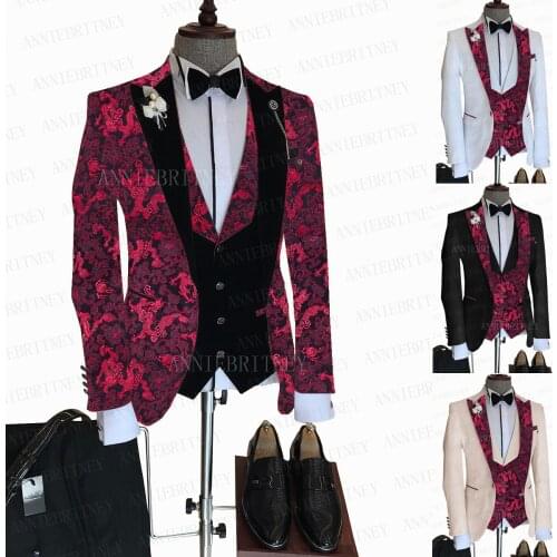 2021 Fashion Red Groom Wedding Suit 3 Pieces Set Tailored Men Best Man Slim Fit Suit Blazer Black Velvet Vest Pants Tuxedo