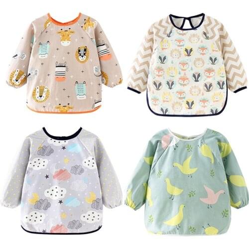 Washable Long Sleeve Kids Apron Cartoon Dinosaur Unicorn Baby Boy Bibs Infant Eating Children Drawing Burp Cloths Accessories