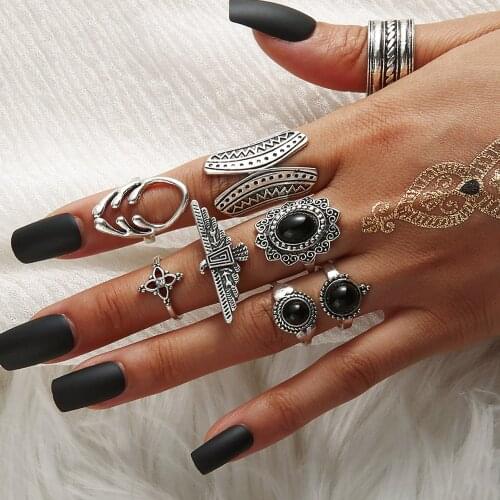 8 Pcs/sets Bohemian Eagle Rings Sets Black Stone Geometry Midi Rings for Women Punk Kunckle Finger Jewelry Accessories