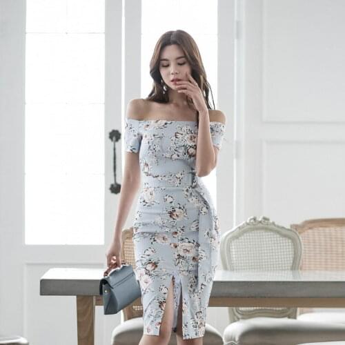 New Summer Slash-neck Bodycon Women Dress Off-shoulder Lace Up Female Mid-length Dress Sexy Side Split Pencil vestidos femme