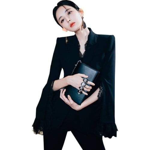 Casual Solid Women Pant Suits Notched Collar lace Blazer Jacket & Pencil Pants black Female Suit Autumn 2 Piece Set for Women