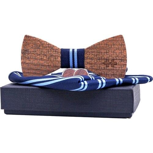 Dropshipping high end luxury bowtie men blue strip square scarf cufflinks shirt wood bow tie set with gift box