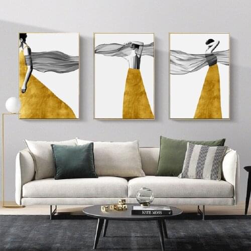 Nordic Beauty Canvas Prints Golden Skirt Model Posters Wall Art Canvas Paintings Pictures for Girls Bedroom Home Decoration