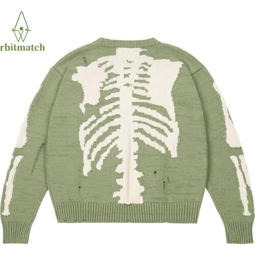 Mans Sweater Harajuku Hip Hop Streewear Men Skeleton Bone Print Woman Loose Cotton Damage Hole Vintage Loose Knitted Sweater