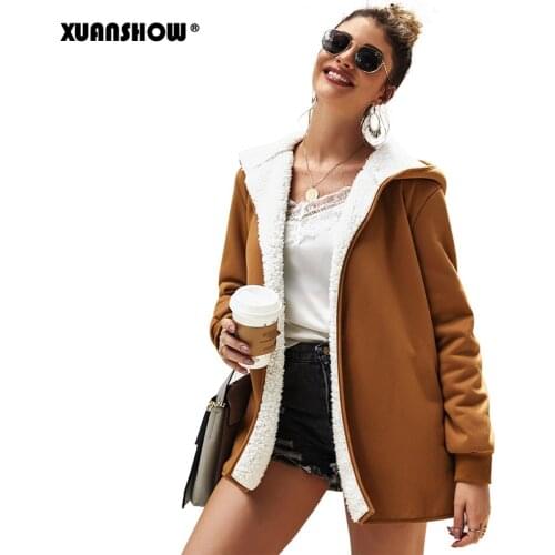 XUANSHOW 2019 Winter Women Coats Outerwear Solid Color Keep Warm Medium Length Long Sleeve Pullover Jacket Coat Casual Hoodies
