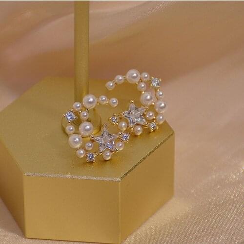 Japanese&Korea Delicate Jewelry 14K Gold Plated AAA Zircon Star Stud Earrings for Women Luxury Pearl Moon Earrings