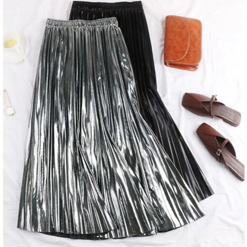 2020 Autumn Women Pleated Skirt Elegant High Waist Women Long Skirt Ladies Silver Gold Metallic Shiny Ankle-Length Maxi Skirt