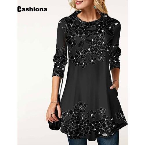 Plus size Ladies Elegant Leisure Casual Long T-shirt Pile Collar Boho Flower Print Loose Womens Top 2020 Summer Tee shirt Femme