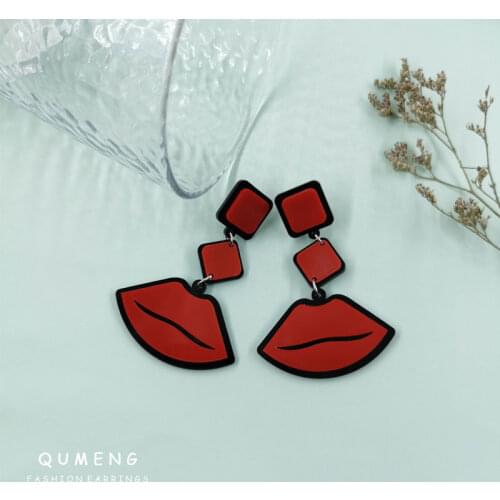QUMENG Fashion Personality Girls Creative Red Lip Acrylic Long Drop Earrings Zircon Large Punk Rock Dance Bar Jewelry