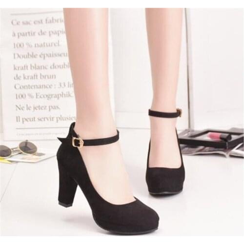 Womens Fashion Pumps Sweet Woman Thick High Heels Ankle Strap Flock Female Platform Mary Jane Women Shoes Ladies Footwear