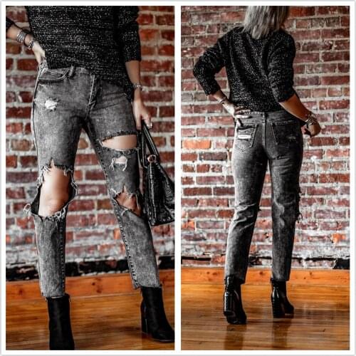 2021 New Retro Design Grey Black Big Ripped Jeans For Women Fashion Ankle-Length Denim Pants Street Trendy Trousers Drop ship