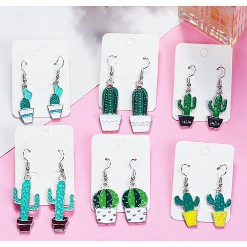 Women Cute Cartoon Potted Cactus Green Plant Earrings For Women Enamel Pendant Hook Drop Earrings Fashion Jewelry