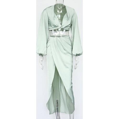 Two Piece Set Satin Women Outfit 2020 Autumn Casual Sexy Crop Tops Deep V Neck Split Skirt French Style Romance Evening Clothes