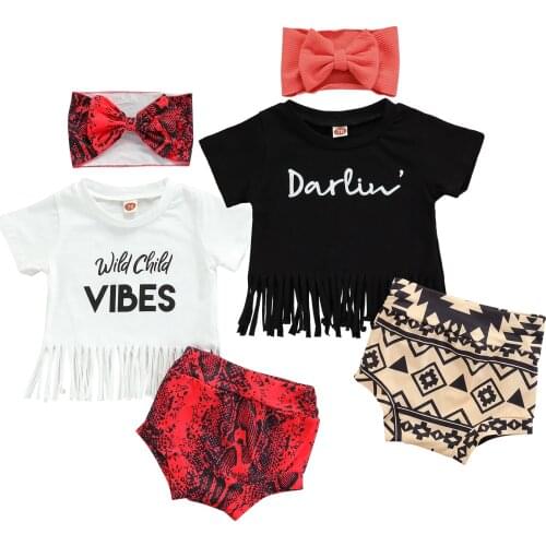3Pcs Newborn Baby Summer Outfits, Short Sleeve Letter Print Tassel Tops + Shorts + Headband Set