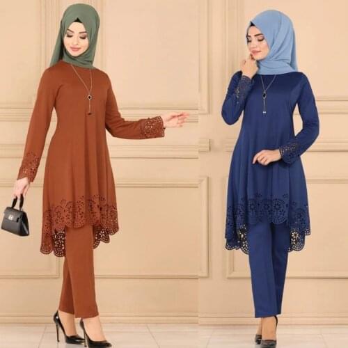 New season three piece sets and pants laser cut muslim women turkey long muslim dress split Abaya ramadan Kaftan islamic clothin