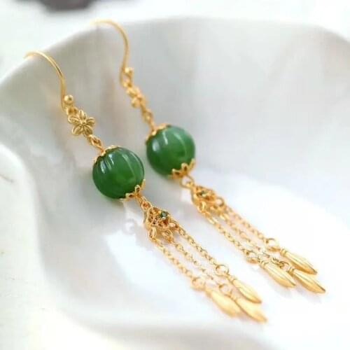 Antique Eardrops Long Fringe Earrings Natural Hetian Jade Green Jade Earrings Womens Temperamental Fairy Vintage Earrings Sterl