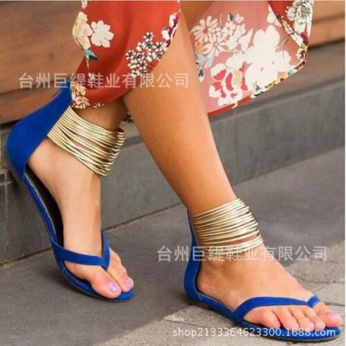 Summer woman sandals Flock ZIP Flat Toe Round Toe Shallow Metal decoration Bohemia Toe sandal women shoes 2020 size 36-44