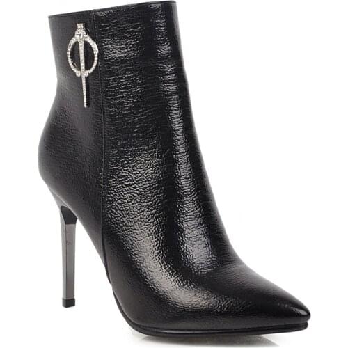 Metal Decoration Pointed Toe Thin Heels Super High Short Boots PU Zip Polyurethane Solid Winter Boots Women Short Plush Shoes